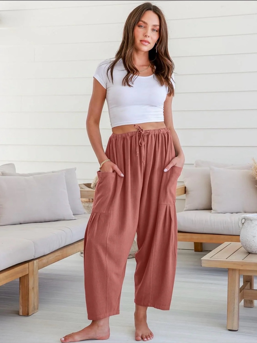 Women’s Linen Blend Drawstring Palazzo Harem Pants with pockets- EUC
